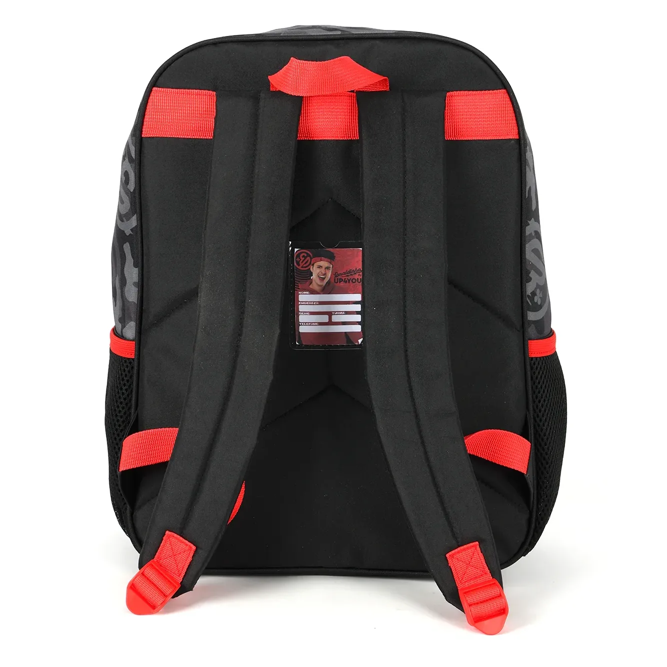Vista traseira da mochila Luxcel Enaldinho com alças acolchoadas ajustáveis e alça de mão vermelha